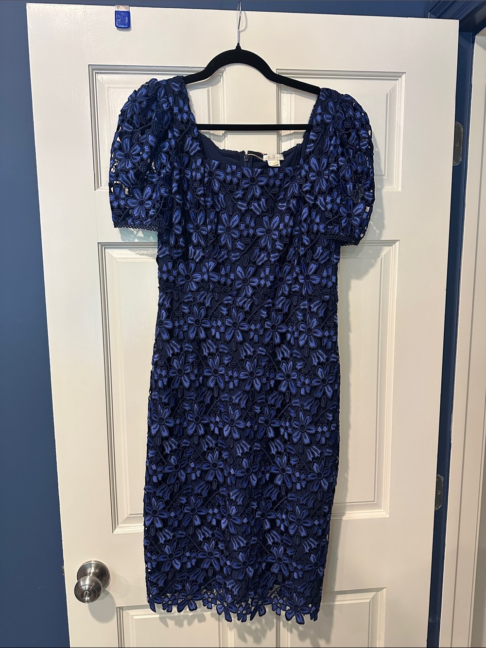 Shoshanna Cobalt Blue Floral Applique Midi Dress with Puff Sleeves